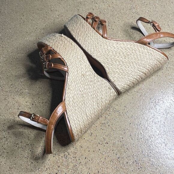 KORS Cognac Leather Jute Wrapped Platform Wedge Sandals 10 - Picture 4 of 11